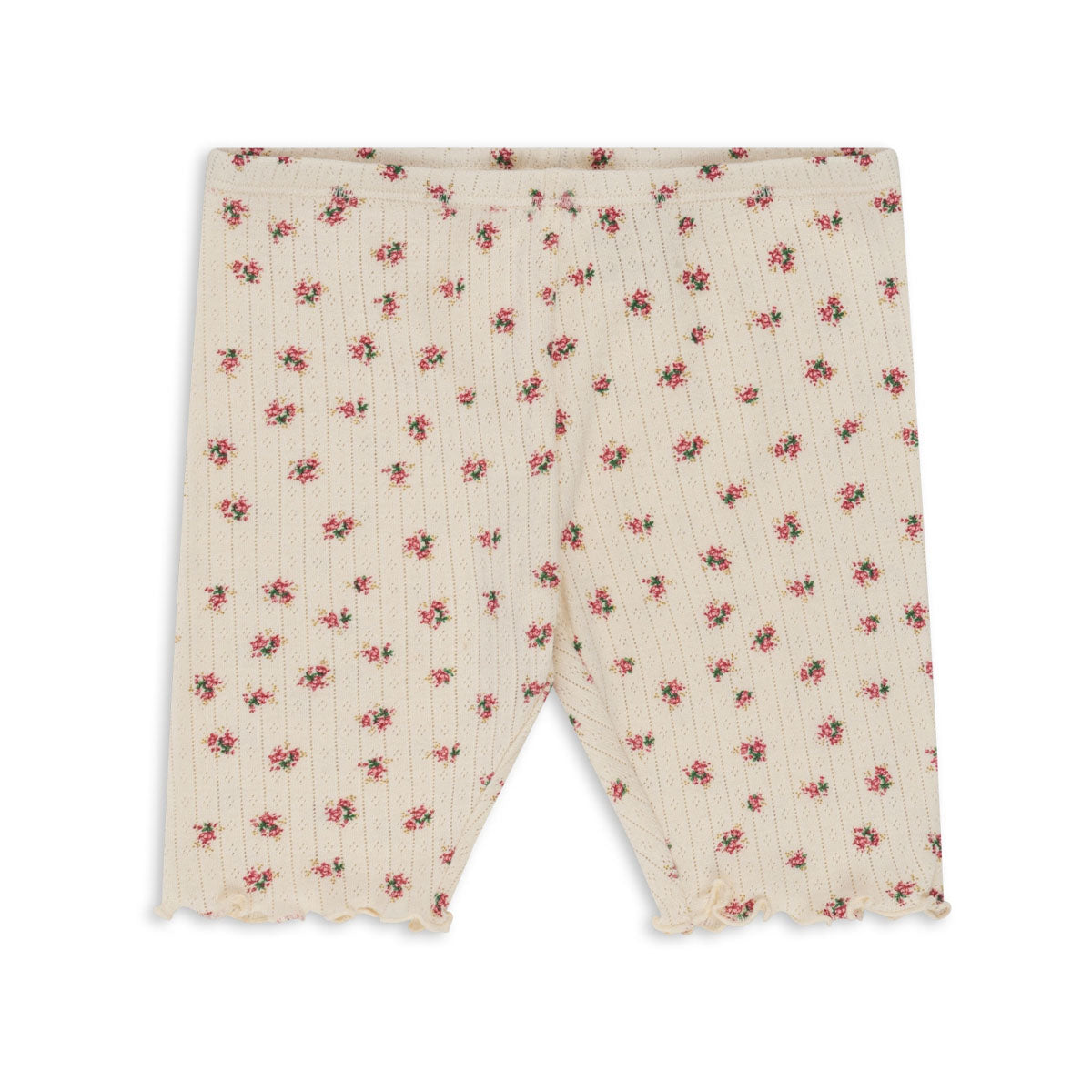 Wat een heerlijk, comfortabel broekje is dit. De minnie korte legging bloomie van Konges Slojd heeft het model van een fietsbroekje of korte legging en is bezaaid met vrolijke bloemen.  Het knielange broekje heeft een pointelle patroon en is gemaakt van 100% organisch katoen. 