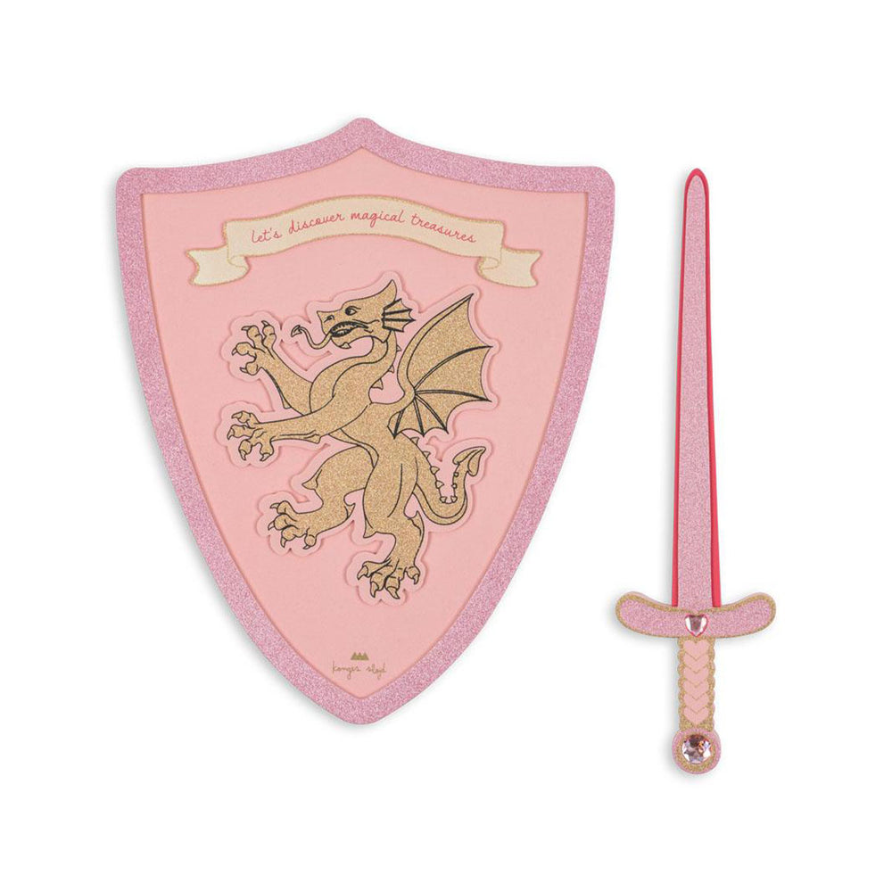 Trotseer draken en vecht met ridders met deze geweldige prinsessen zwaard en schild set in de variant pink glitter van het merk Konges Slojd. VanZus