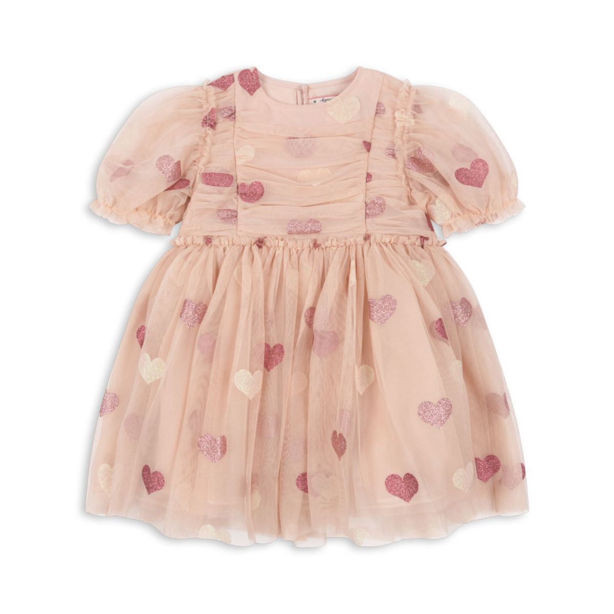 Wat een plaatje is de tullie jurk heart rose glitter van Konges Slojd! De roze tulen jurk met pofmouwen en ruffles is bezaaid met glinsterende hartjes. VanZus