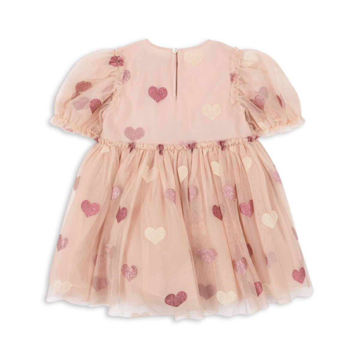 Wat een plaatje is de tullie jurk heart rose glitter van Konges Slojd! De roze tulen jurk met pofmouwen en ruffles is bezaaid met glinsterende hartjes. VanZus