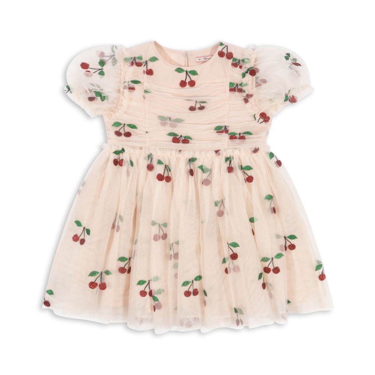 Wat een plaatje is de tullie jurk in de variant ma grande cerise glitter van Konges Slojd! De roze tulen jurk met pofmouwen en ruffles is bezaaid met glinsterende hartjes. Een geweldige jurk voor een verjaardag, bruiloft of feestje! VanZus