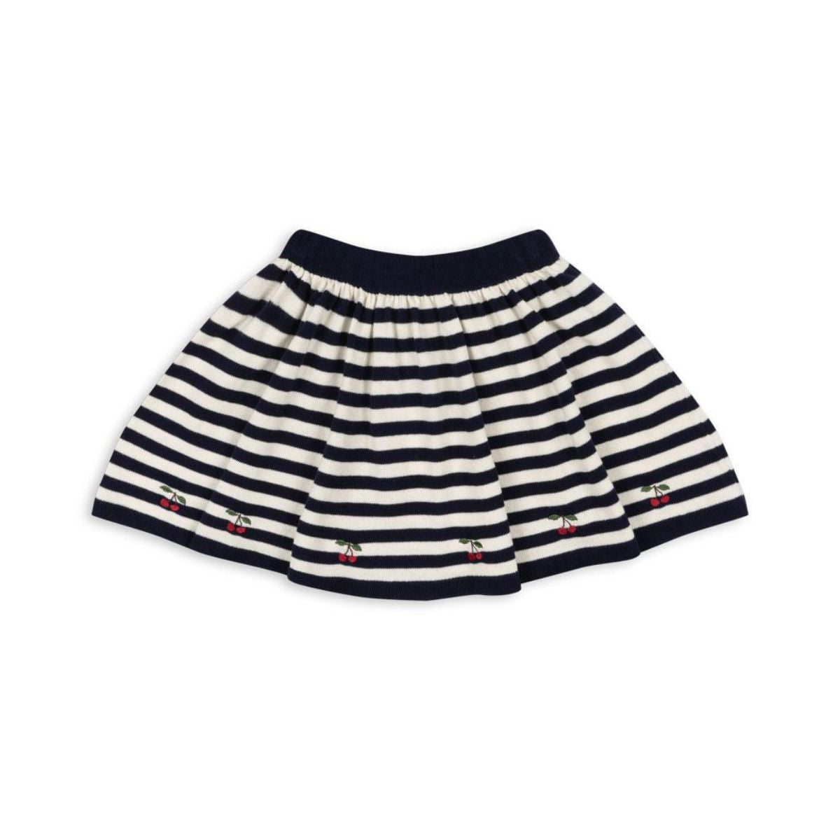 Ben je op zoek naar een leuk rokje voor je kleintje? Bijvoorbeeld voor de koude winterdagen? Misschien is deze leuke venton gebreide rok in navy stripe wel een match! Dit leuke rokje is gestreept met donkerblauwe contrasterende biezen en bij de taille, én de rand is versierd met schattige kersen. VanZus