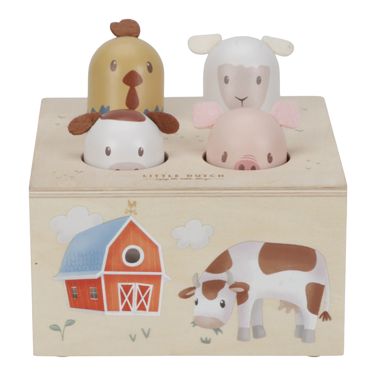 Superleuk kinderspeelgoed: pop-up spel little farm van Little Dutch. Pop de 4 boerderijdieren omhoog en duw ze weer terug. Gegarandeerd veel plezier. VanZus