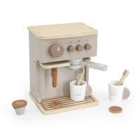 Word een echte barista met de Label Label koffiemachine nougat. Dit houten espressoapparaat ziet er heel realistisch uit en heeft diverse leuke accessoires, als een stoompijpje en koffiecups. Dit houten speelgoed is gemaakt van FSC-hout. VanZus.