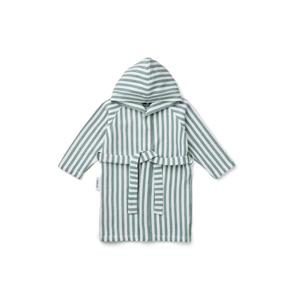 De zachte gestreepte badjas gray stripes peppermint/white van Liewood met bindriem en capuchon is een echte eyecatcher. Houdt jouw kindje droog, warm en comfortabel. Verkrijgbaar in verschillende maten. VanZus