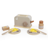 Stimuleer leerzaam rollenspel met het Label Label broodrooster nougat. De set met houten keukenspeelgoed bestaat uit 11 delen, met o.a. een houten broodrooster en broodjes. De toaster is gemaakt van duurzaam FSC-hout. VanZus.
