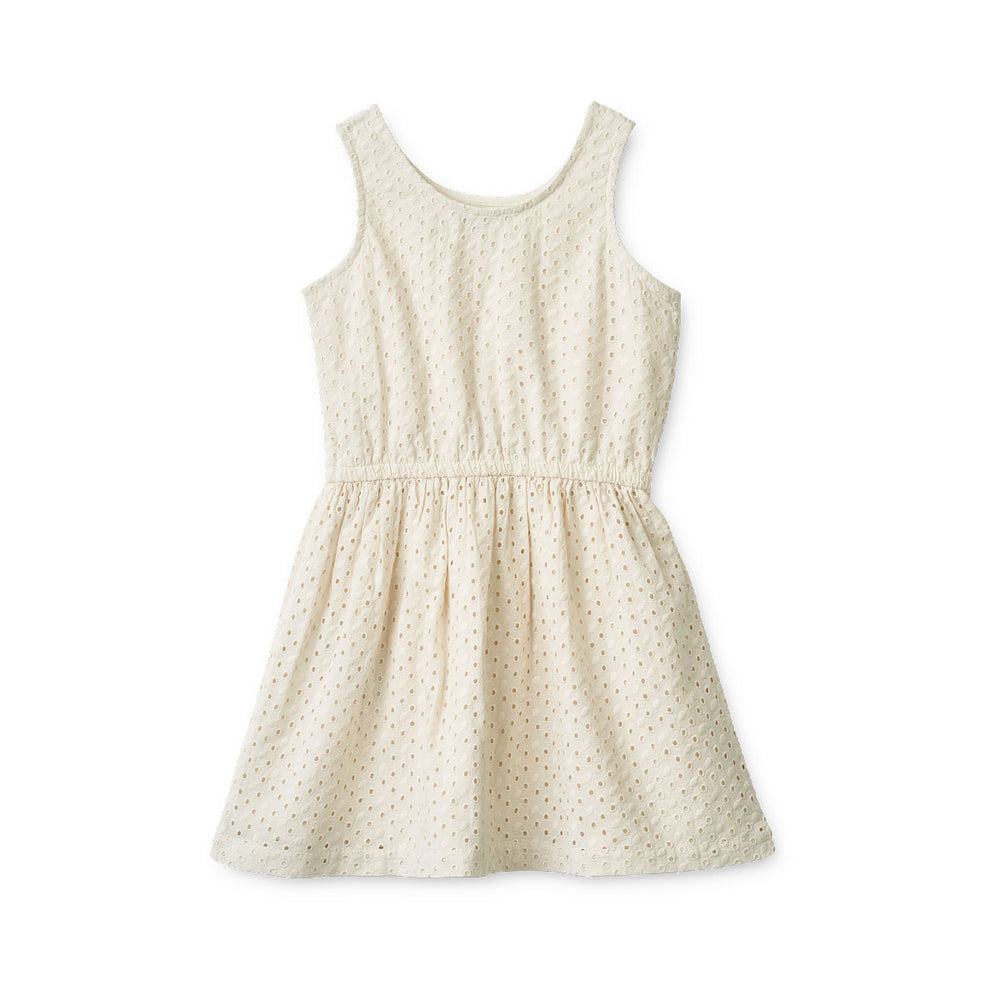 Dit schattige jurkje is ideaal voor de warme zomerdagen. Het idaho jurkje in sandy van het merk Liewood heeft een prachtige kleur, is voorzien van elastiek in de taille en heeft een prachtige anglaise design.  Dit luchtige jurkje is gemaakt van 100% organisch katoen. VanZus