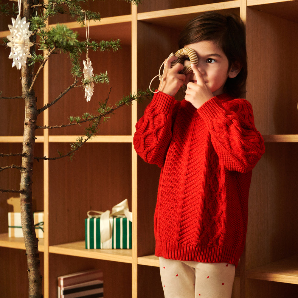 De Liewood callio kabeltrui in de kleur apple red is de ideale trui voor in de herfst- en winter garderobe van je kindje. Deze prachtige trui met luxe uitziend kabelpatroon houdt je kindje heerlijk warm! VanZus.