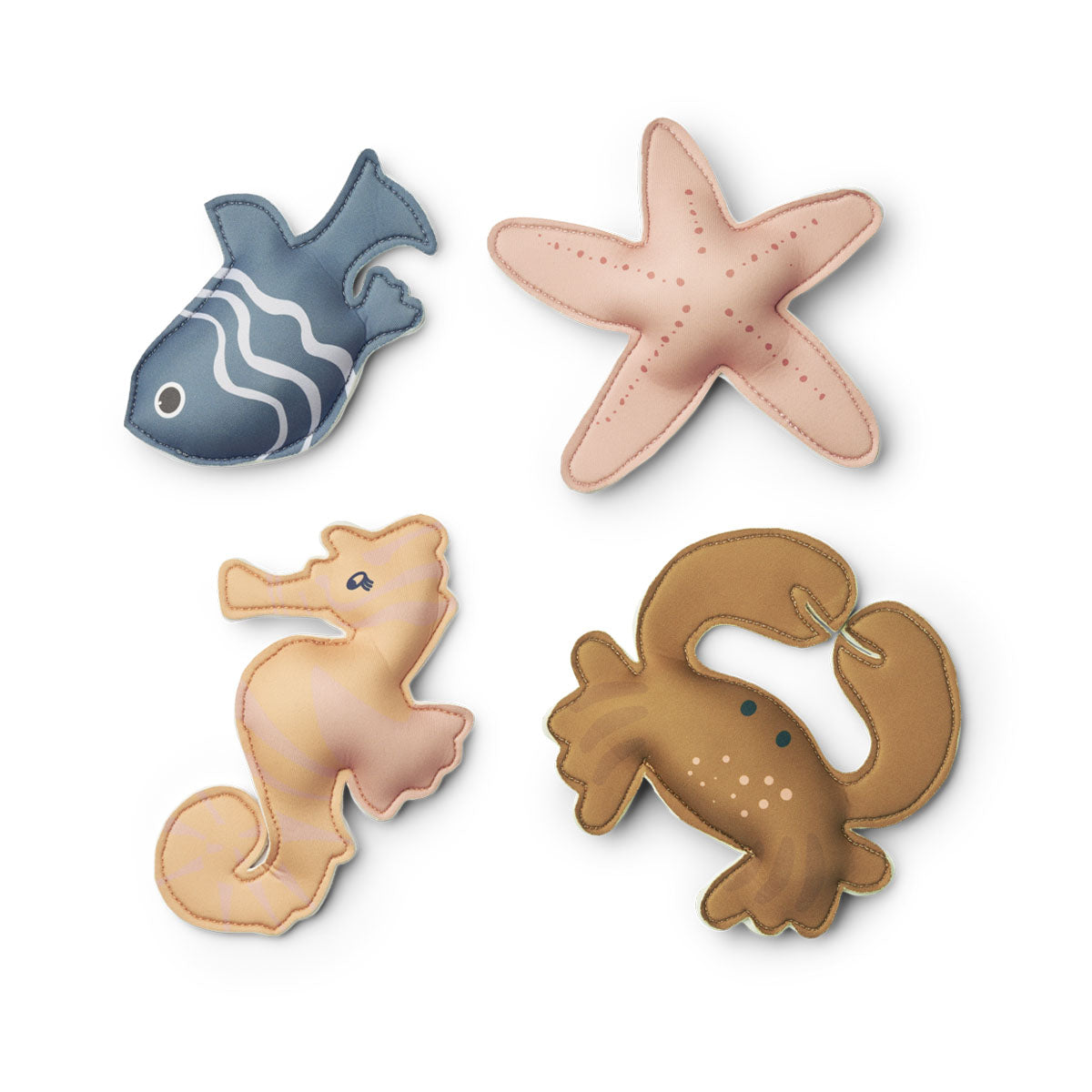 Waterpret met dion sea creature duikspeelgoed van Liewood. De 4-pack onderwaterdiertjes in de variant sea creature/sandy bestaan uit een zeester, zeepaardje, visje en krab. Licht in gewicht, zacht materiaal. VanZus