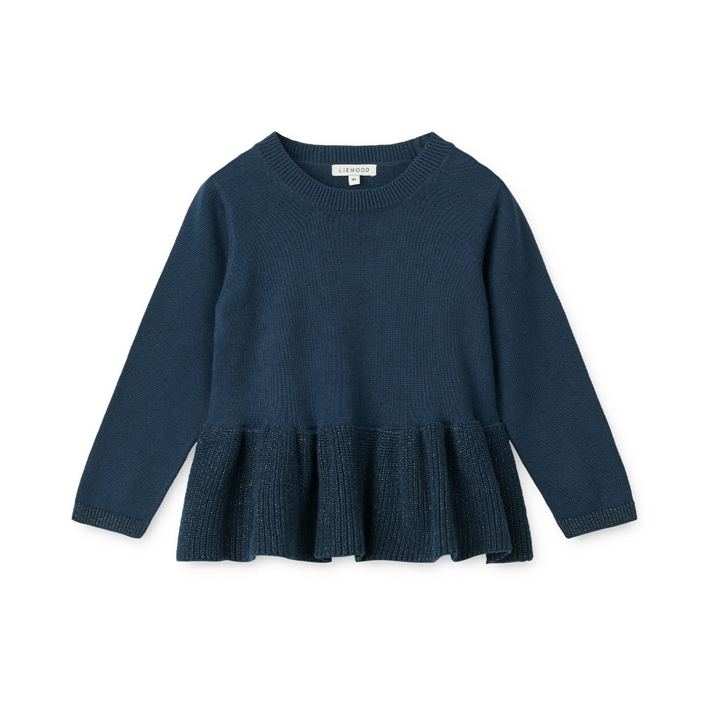 Hoe schattig is deze esme lurex gebreide trui in de kleur classic navy van het merk Liewood? Dit lieve truitje in een prachtige donkerblauwe kleur is de eyecatcher van elke outfit! Houd je kind lekker warm en stylish met dit geweldige truitje! VanZus