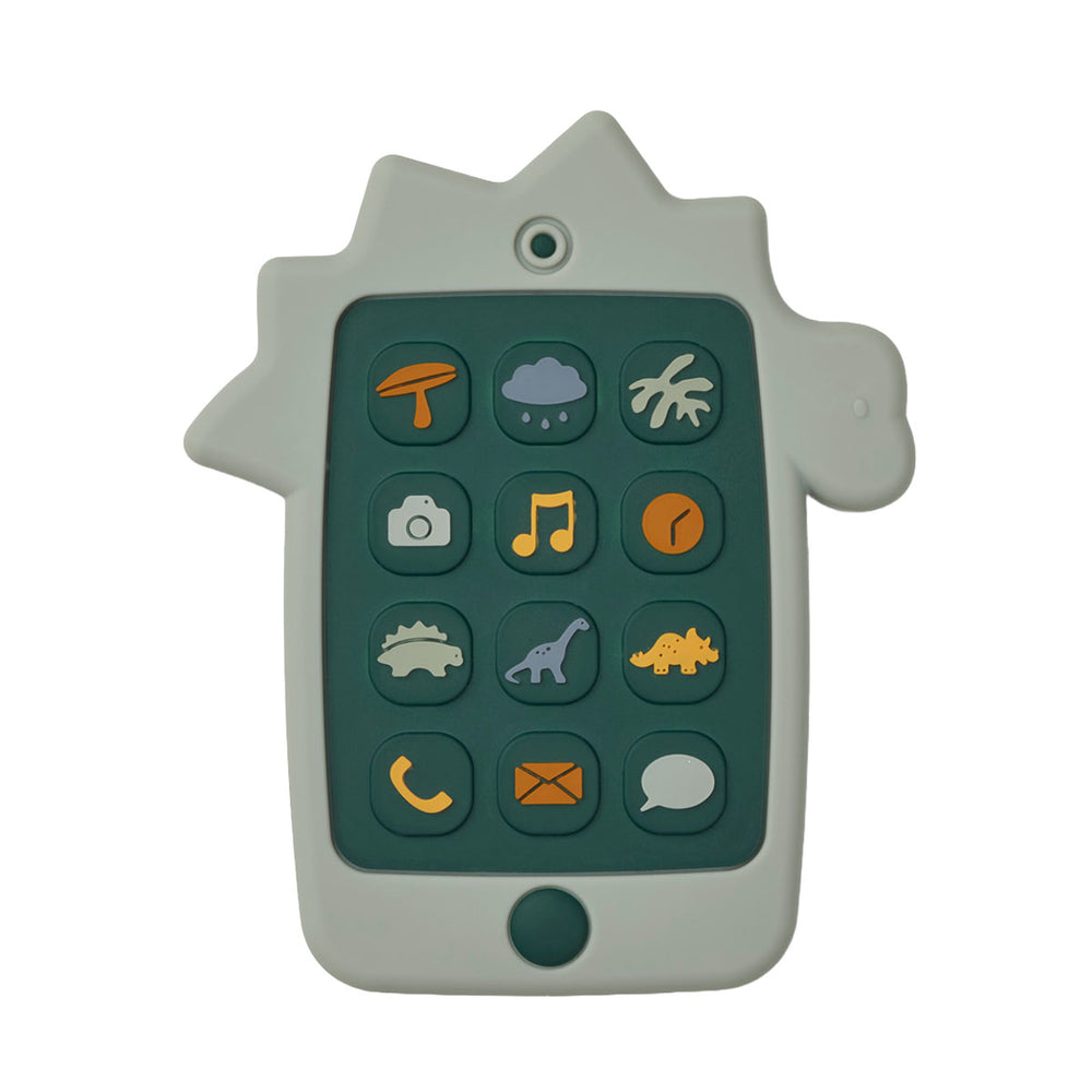 Kinderspeelgoed en bijtring in één: de thomas speelgoed mobiele telefoon dino dove blue van Liewood. Met 12 'knoppen' met motieven en iconen, zacht siliconen, 10x6,5 cm. VanZus