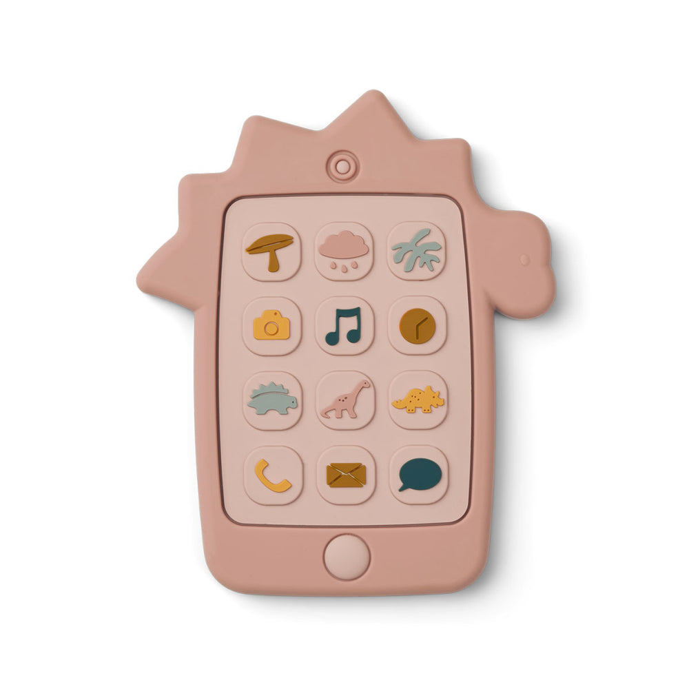 Kinderspeelgoed en bijtring in één: de thomas speelgoed mobiele telefoon dino rose van Liewood. Met 12 'knoppen' met motieven en iconen, zacht siliconen, 10x6,5 cm. VanZus