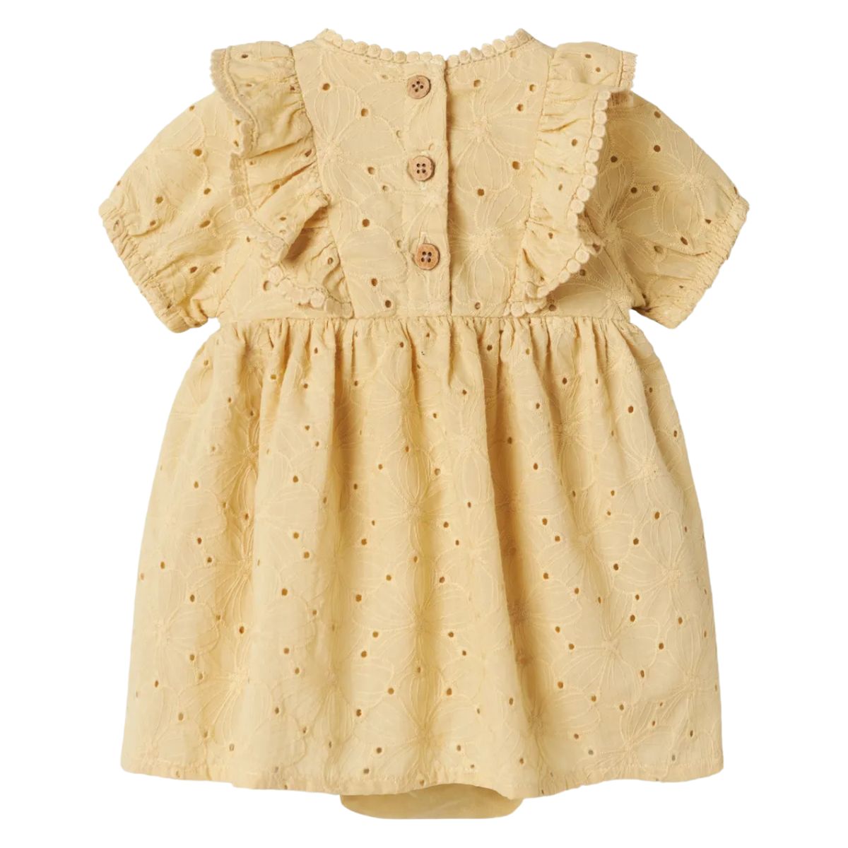 Lil' Atelier baby fabioli romperjurk in sea mist. Schattige midi-jurk van 100% biologisch katoen met ruches en kantdetails. Perfect voor elke gelegenheid in de lente en zomer. VanZus