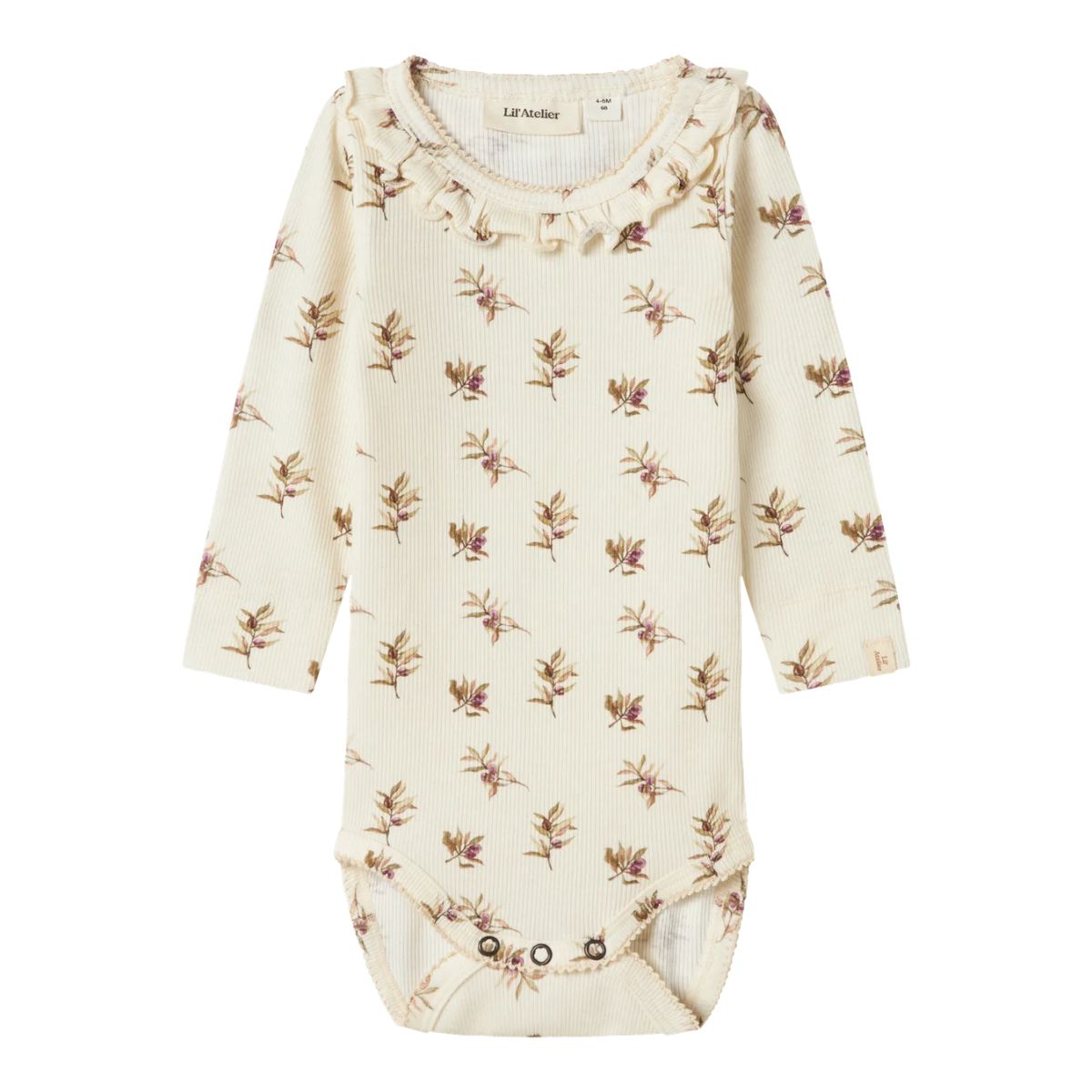 Het Lil' Atelier baby gavo slim rompertje in turtledove olive is de ideale keuze voor stijlvolle en comfortabele outfits voor je kleintje. De all-over print met schattige bloemen en extra details zoals ruches maken het rompertje extra speciaal. 