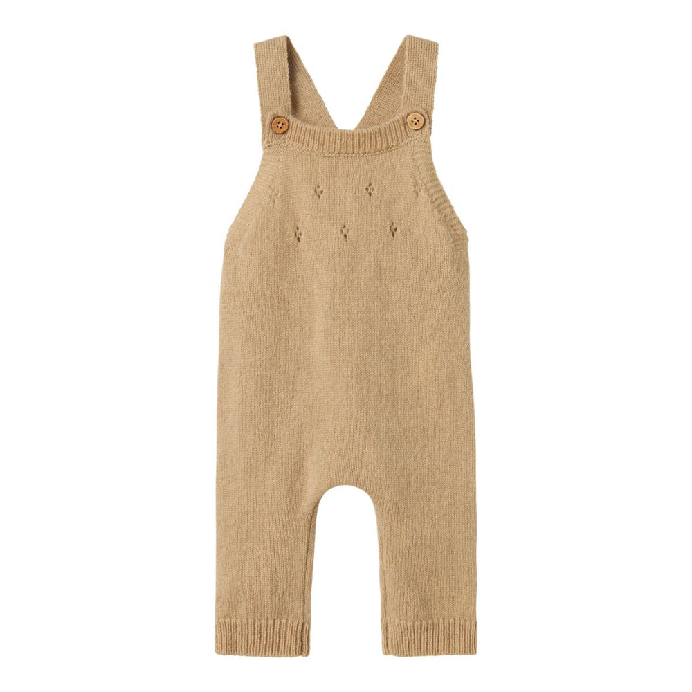 Lil' Atelier baby nalio knit overall in de kleur safari melange: zachte salopette van RWS-wol en kasjmier, perfect voor herfst/winter. Houdt je baby warm en comfortabel. VanZus