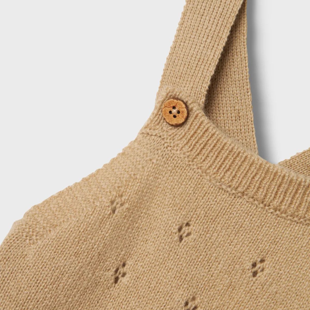 Lil' Atelier baby nalio knit overall in de kleur safari melange: zachte salopette van RWS-wol en kasjmier, perfect voor herfst/winter. Houdt je baby warm en comfortabel. VanZus