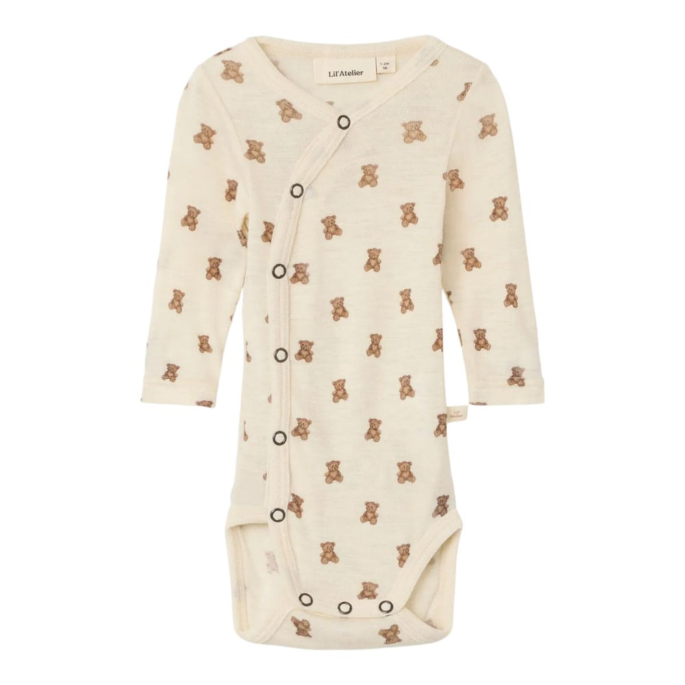 Teddy love: de baby nalu slim wrap romper in turtledove melange van Lil' Atelier. Comfortabele body van merinowol en TENCEL™ Modal. Zacht, warm en ademend, perfect voor je baby. VanZus