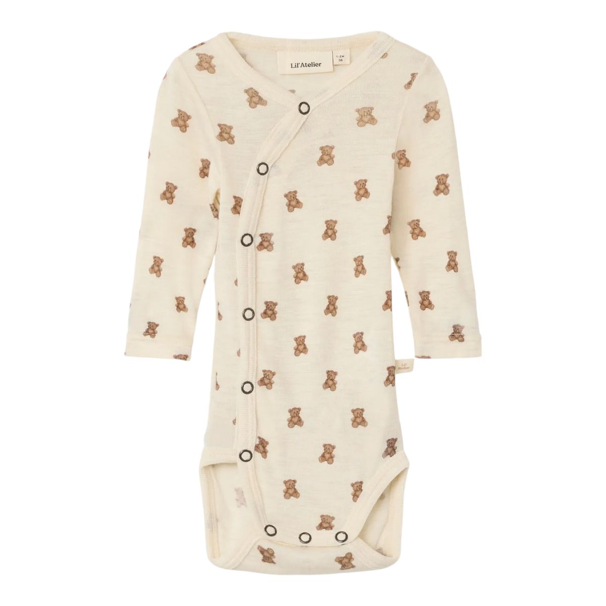 Teddy love: de baby nalu slim wrap romper in turtledove melange van Lil' Atelier. Comfortabele body van merinowol en TENCEL™ Modal. Zacht, warm en ademend, perfect voor je baby. VanZus