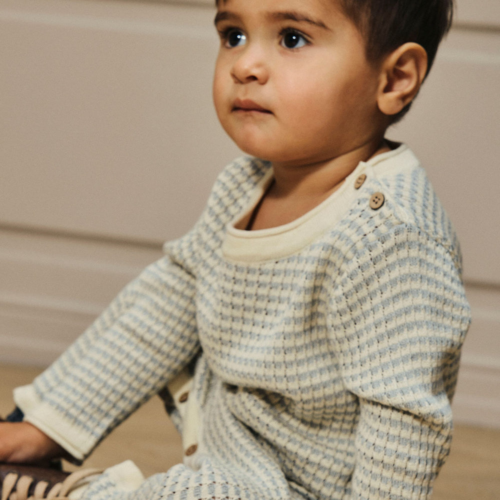 Hoe schattig is deze nelson knit onesie jongen in de kleur pigeon van het merk Lil' Atelier?! Deze hippe onesie zal jouw kleintje ongetwijfeld superschattig staan! Het shirt is gemaakt van katoen en viscose, en zit dan ook ontzettend lekker! VanZus