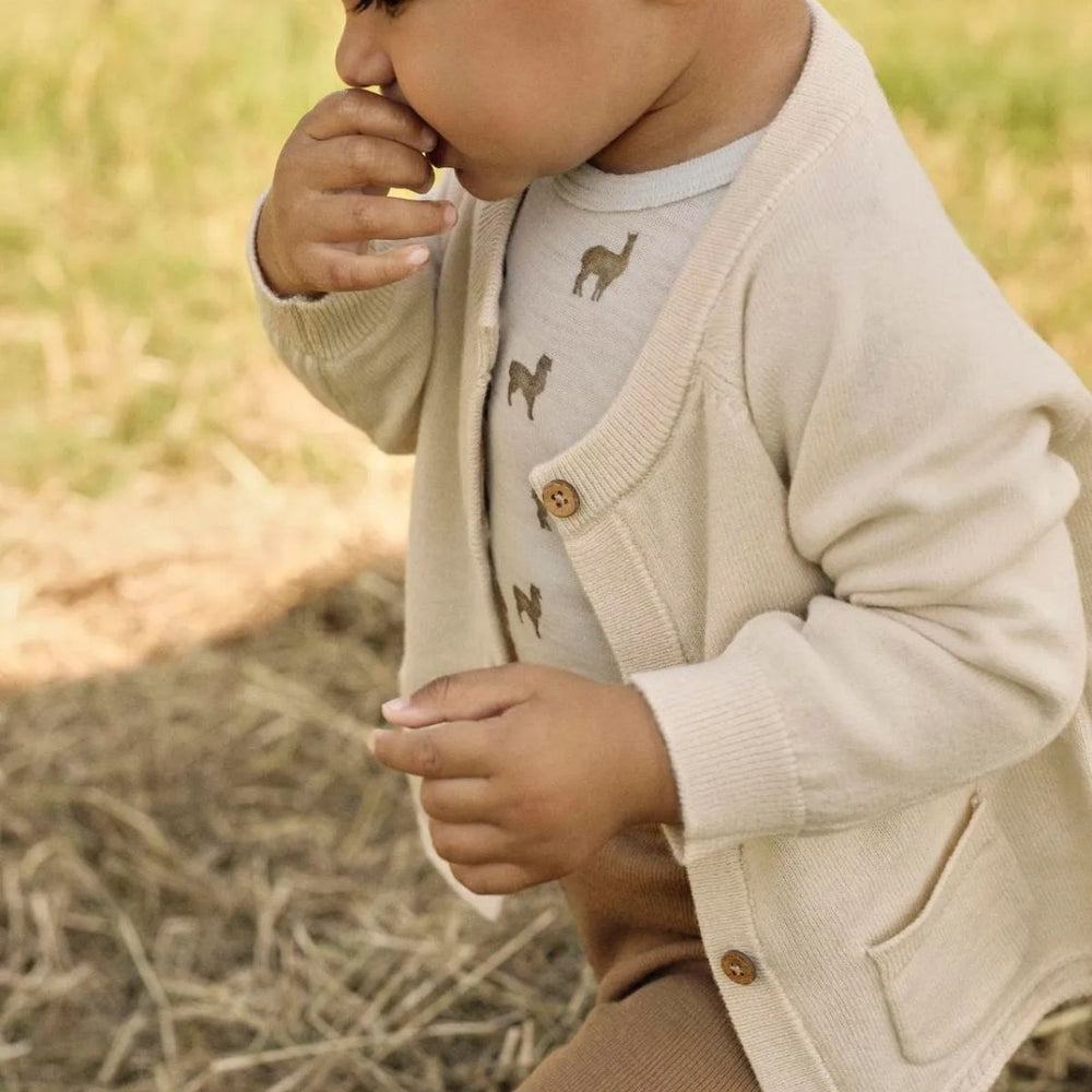 Lil' Atelier baby noel wol slim rompertje in de variant gray dawn lama. 100% merinowol, drukknoopsluiting, lange mouwen en all-over print. Perfect voor elk seizoen. VanZus