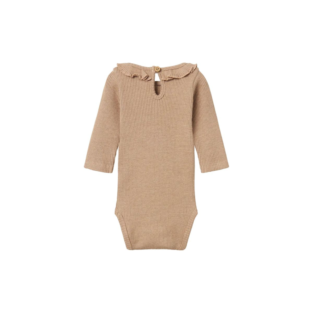 Lil' Atelier baby sophia sak slim romper rugby tan. Stijlvol rompertje met ruches, lange mouwen en O-hals. Gemaakt van duurzame stoffen voor comfort en een hippe look. Ideaal voor mini's. VanZus