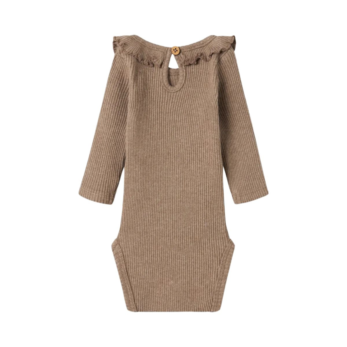 Lil' Atelier baby sophia sak slim romper shitake. Stijlvol rompertje met ruches, lange mouwen en O-hals. Gemaakt van duurzame stoffen voor comfort en een hippe look. Ideaal voor mini's. VanZus