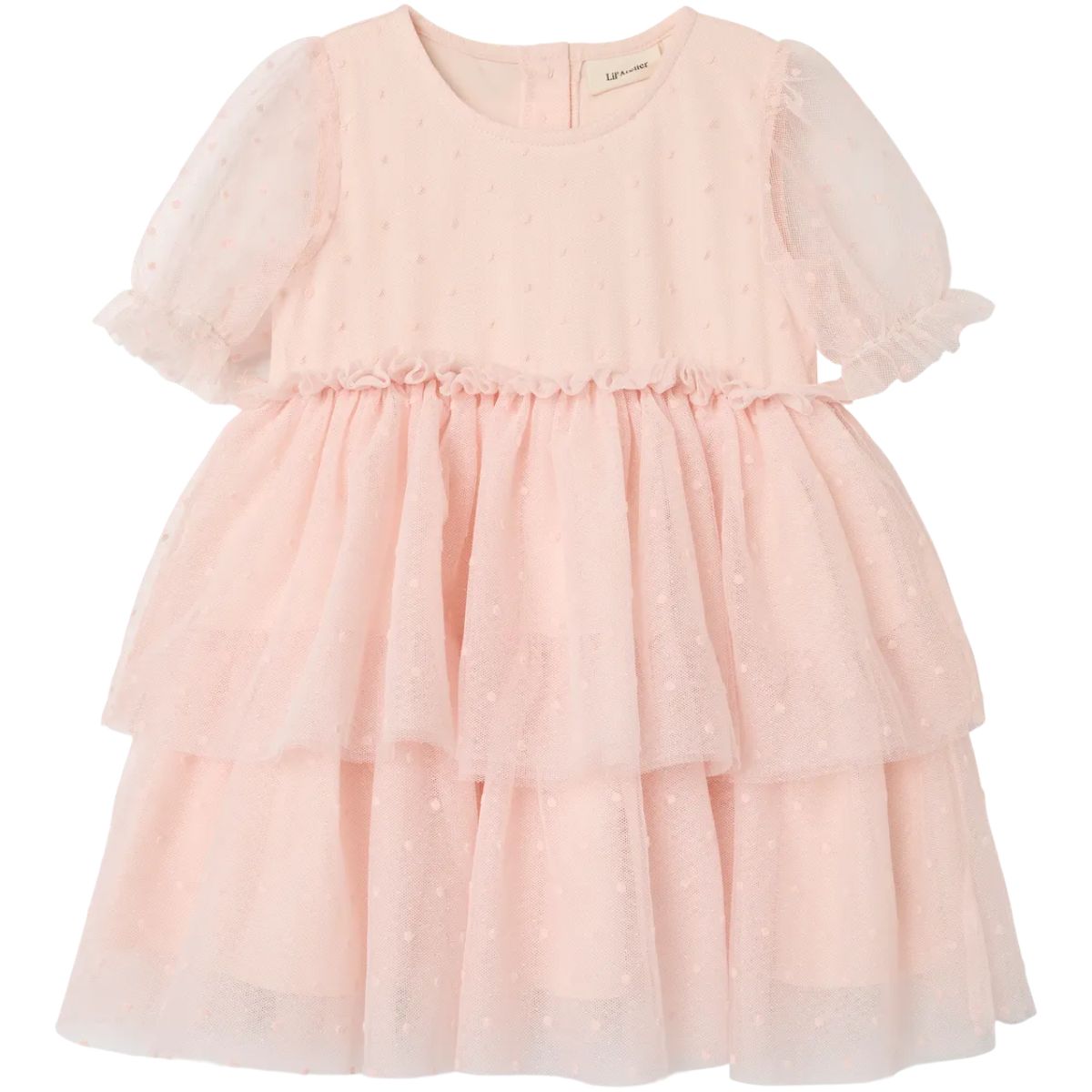 Feestelijk en hip: de Lil' Atelier frilla tule jurk in peach blush. Gemaakt van gerecycled polyester en biologisch katoen, loose fit met ruches en elastische manchetten. Perfect voor speciale gelegenheden. VanZus