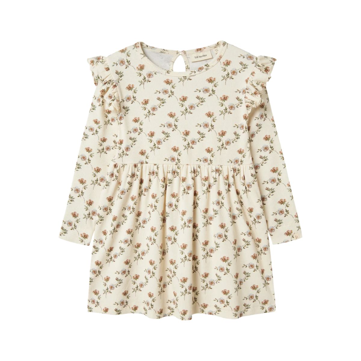 Lil' Atelier midi-jurk in turtledove flower, gemaakt van biologisch katoen en TENCEL™ Lyocell, perfect voor elk seizoen en gelegenheid. Comfortabele jersey stof met charmante all-over bloemenprint. VanZus