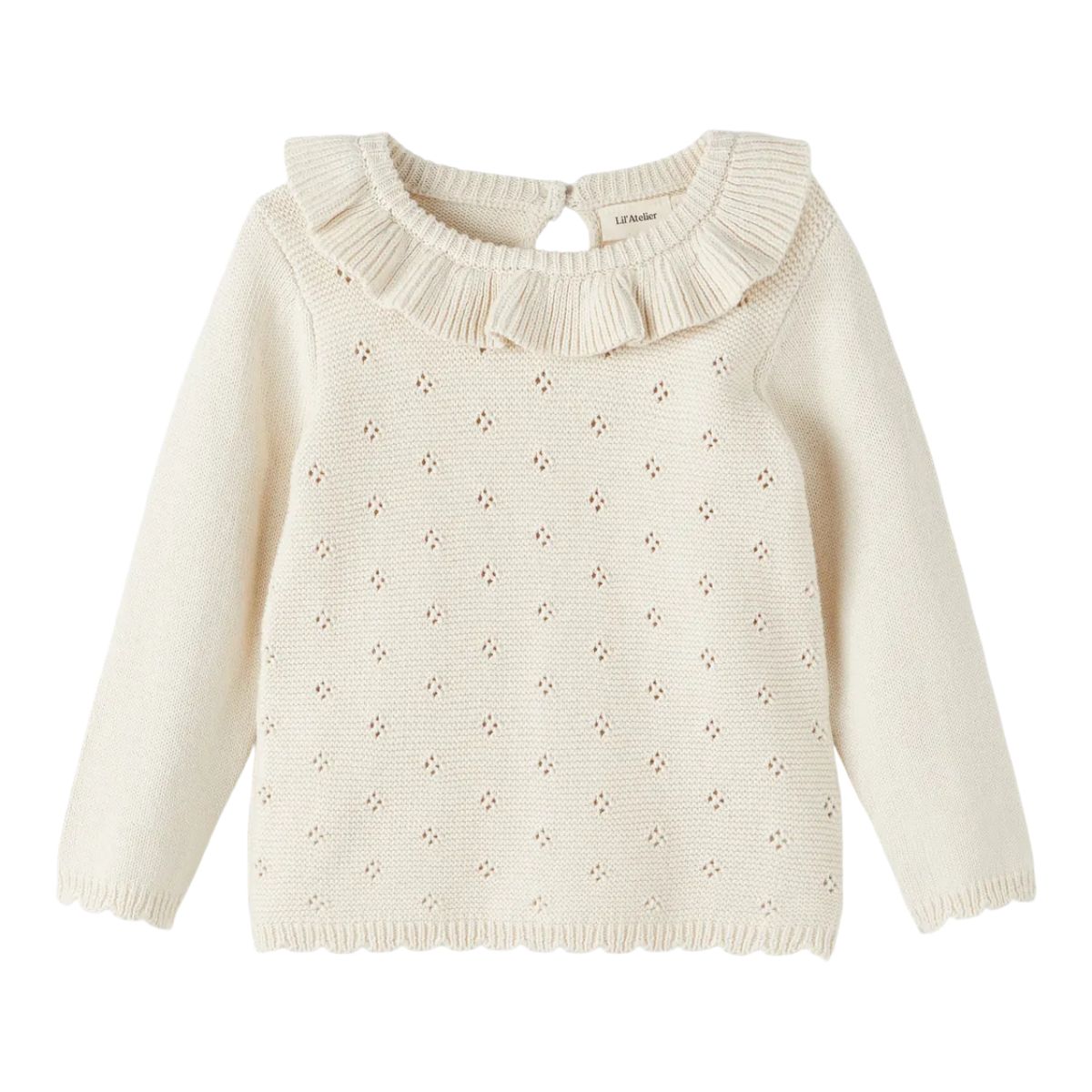 Schattig en duurzaam: de Lil' Atelier laguna knit trui in turtledove, gemaakt van 100% biologisch katoen. Comfortabel met een O-hals en ruches. Perfect voor de herfst/winter 2024. VanZus