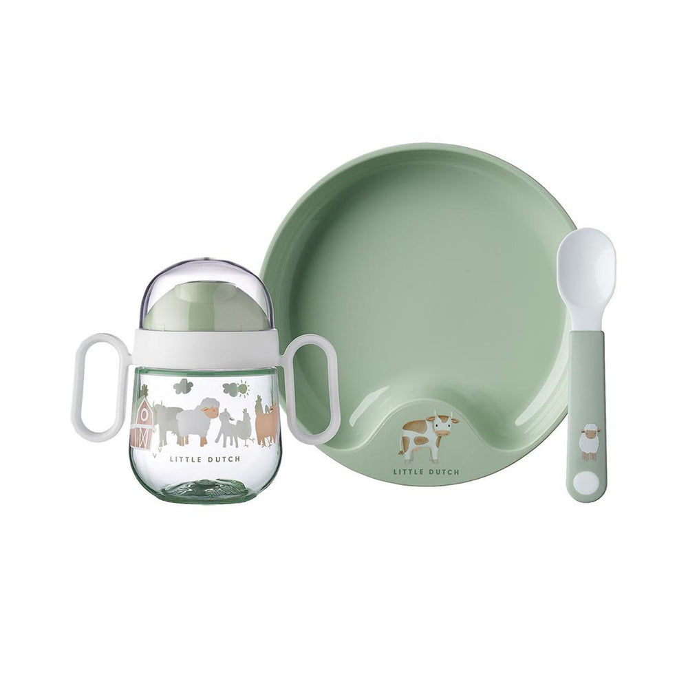 De 3-delige mepal babyservies little farm van het Nederlandse merk Little Dutch is perfect voor kleine kindjes. De set bestaat uit een lepel, anti-slip bordje met opstaande rand en een anti-lek beker met tuit. VanZus