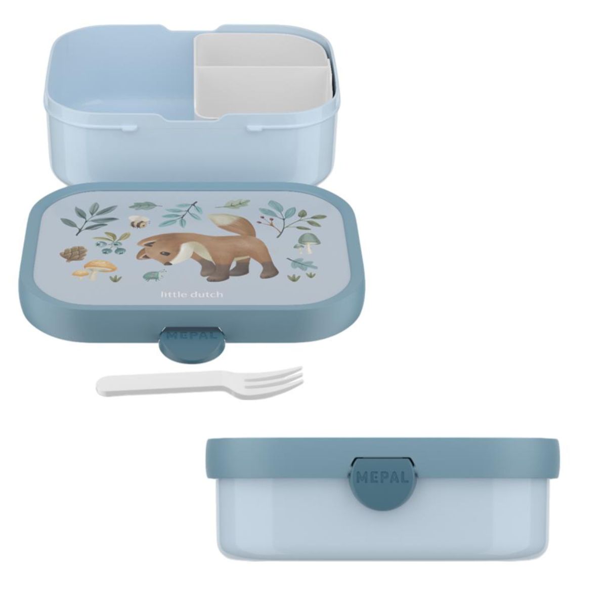 De Little Dutch Mepal forest friends lunchbox is perfect voor een gevarieerde lunch. Met uitneembaar compartiment. Veilig en leuk! Kleur: blauw. VanZus.