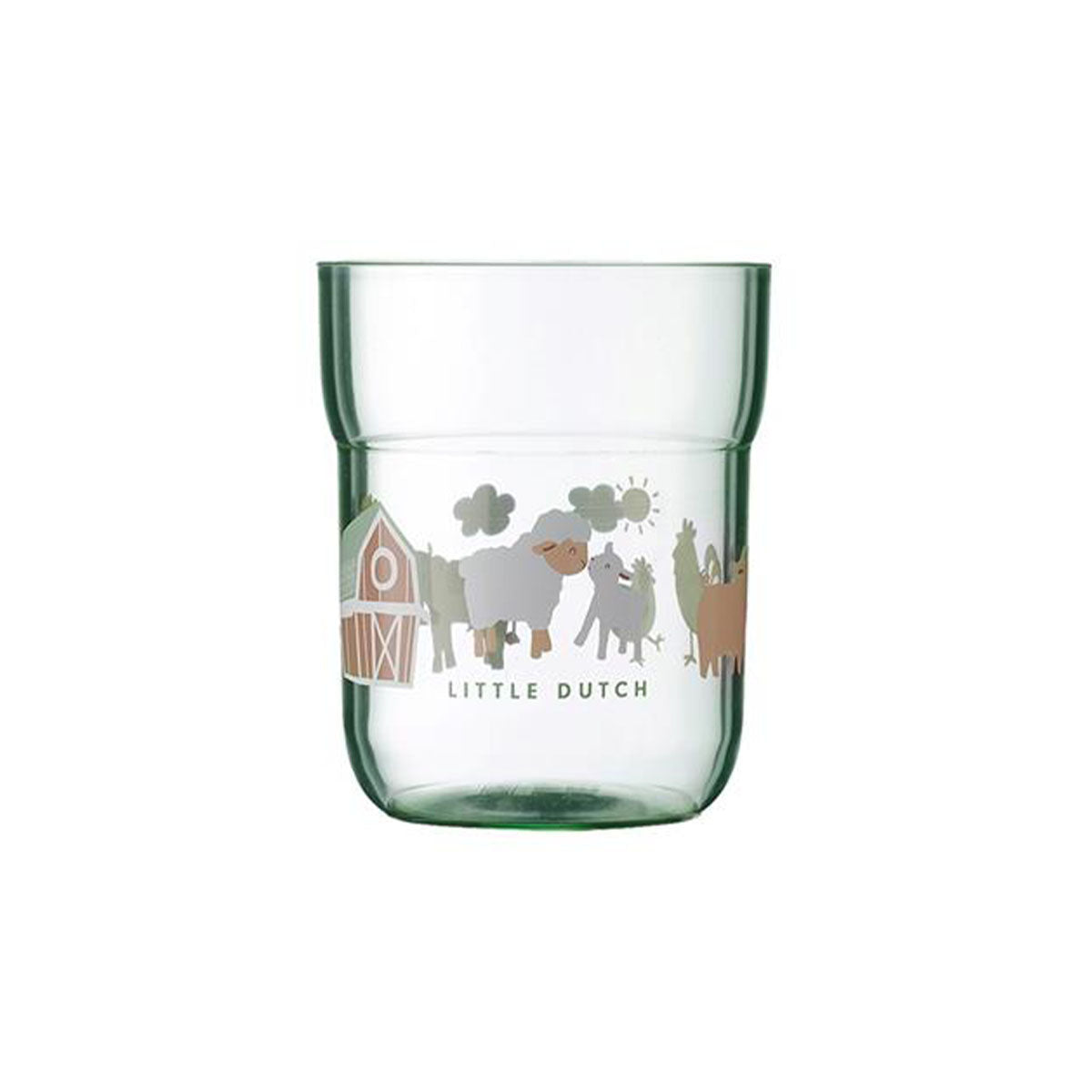 Het kunststof mepal mio kinderglas van Little Dutch is ideaal als je kindje net leert drinken. Het glas uit de  little farm collectie heeft een groene tint en dierenprint. Stapelbaar en geschikt voor vaatwasser. VanZus