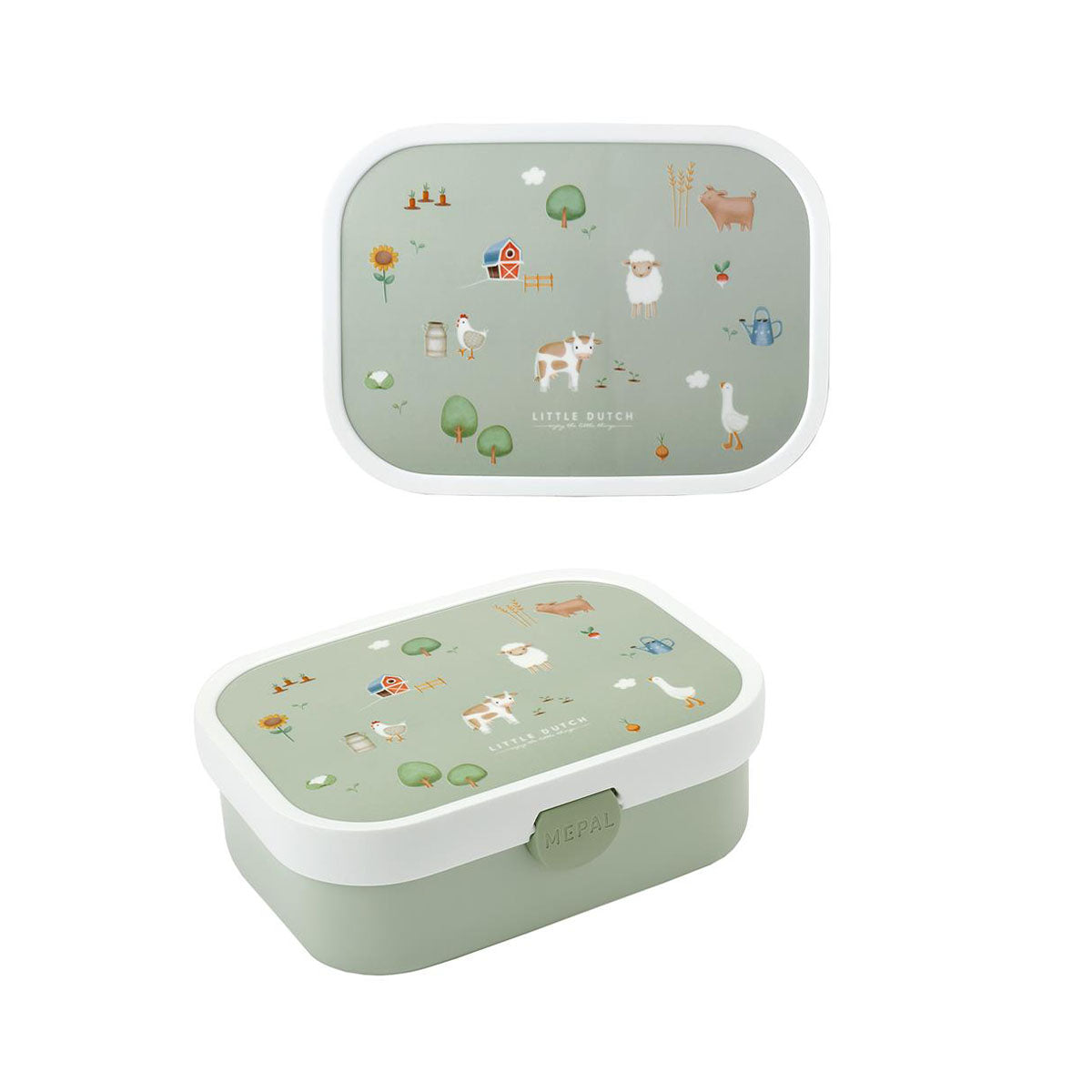 Een broodje en snack neem je mee in de mepal lunchbox little farm van Little Dutch. Een mintgroene broodtrommel met een lieve print. Eenvoudig afsluitbaar, met uitneembaar bento bakje en handig vorkje. VanZus