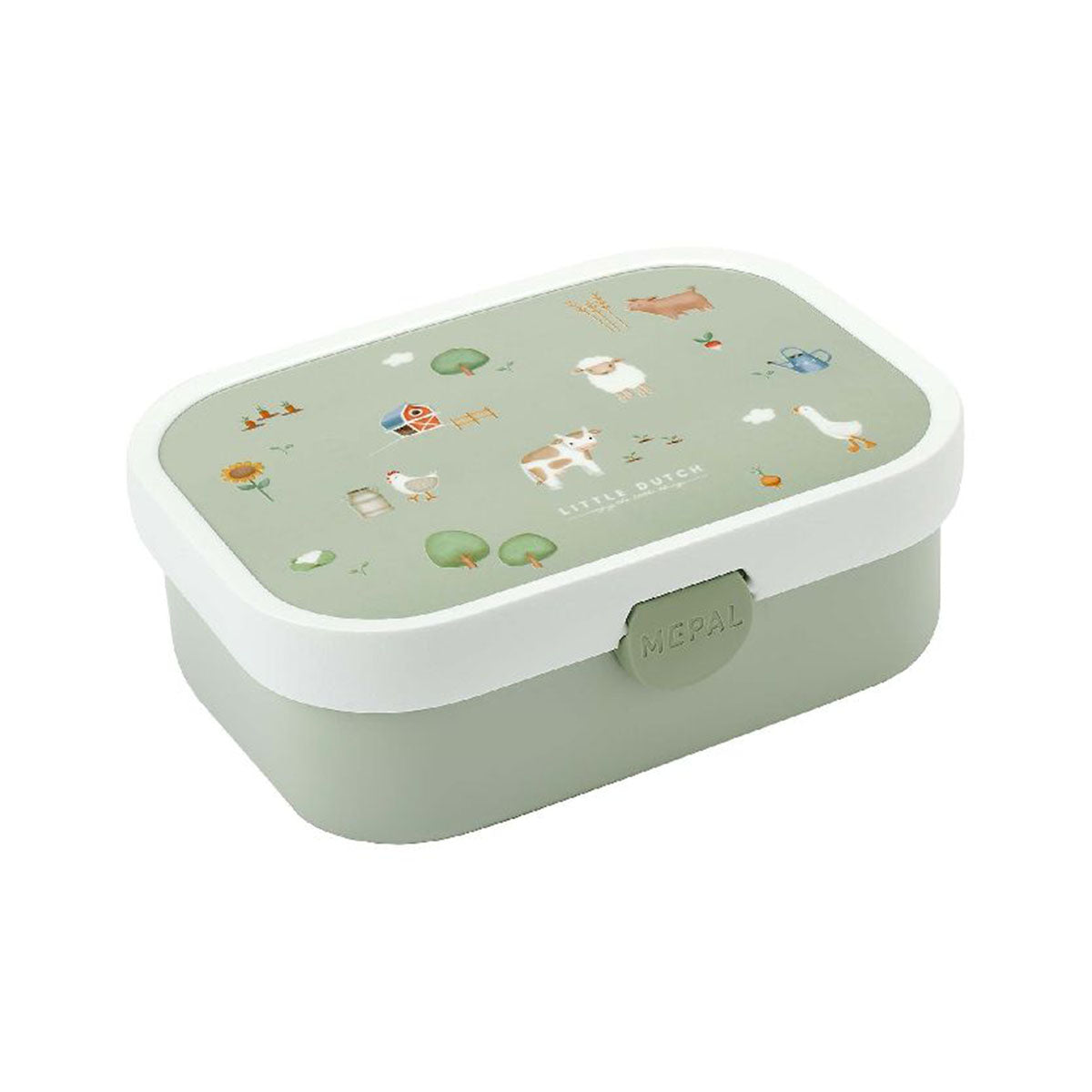 Een broodje en snack neem je mee in de mepal lunchbox little farm van Little Dutch. Een mintgroene broodtrommel met een lieve print. Eenvoudig afsluitbaar, met uitneembaar bento bakje en handig vorkje. VanZus