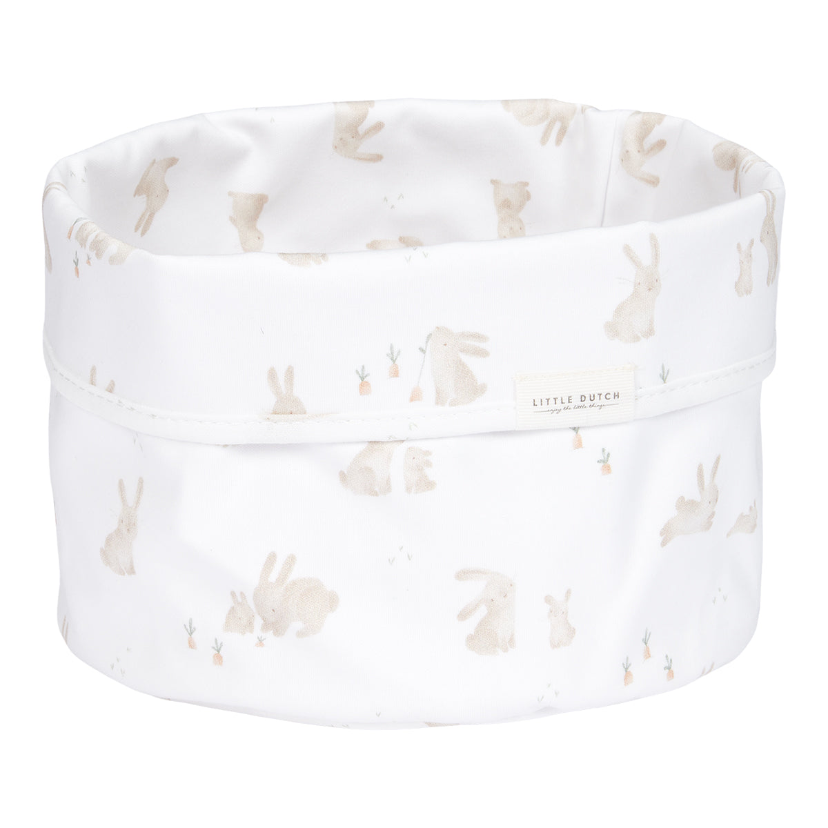 Een georganiseerde commode met het ronde commodemandje uit de collectie Baby Bunny van het merk Little Dutch. Afmeting 21x18x3 cm, kleur wit met lieve print van konijntjes. VanZus