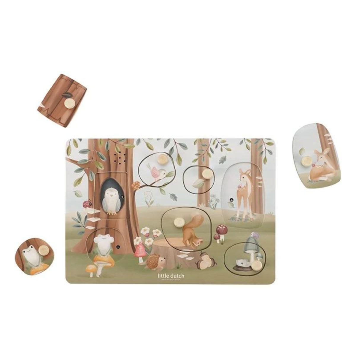 Maak kennis met alle wezentjes in het bos met de houten geluidenpuzzel forest friends van Little Dutch! Herken de vormen en verschillende geluiden met de geluidenpuzzel. Als je een stukje van de puzzel optilt hoor je een bijpassend geluidje. Deze puzzel heeft 7 stukjes van dieren, blaadjes en paddenstoelen. VanZus