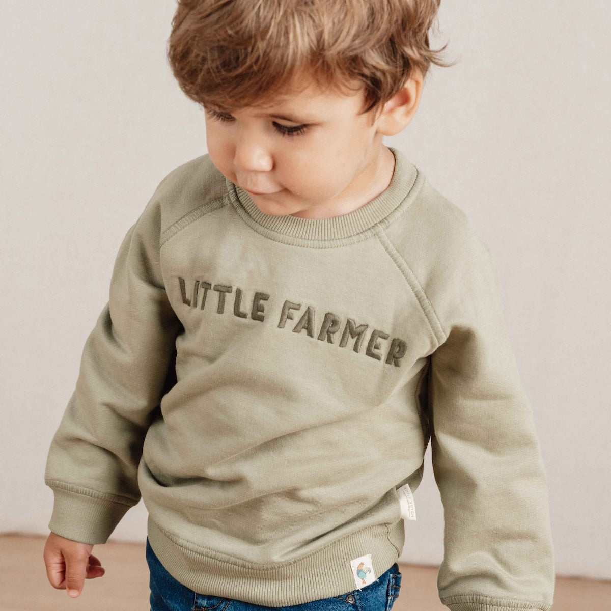 Deze sweater van Little Dutch in de kleur green (groen) heeft vrolijke, geborduurde letters met de tekst "Little Farmer" op de voorzijde. Heerlijk zacht door het zachte biologisch katoen en daardoor is het sweatshirt heel comfortabel. VanZus