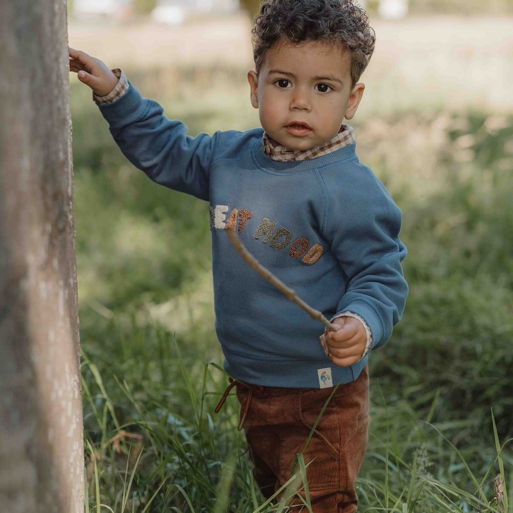 Deze sweater van Little Dutch in de kleur dark blue (donkerblauw) heeft vrolijke, geborduurde letters met de tekst "Good mood" op de voorzijde. Heerlijk zacht door het zachte biologisch katoen en daardoor is het sweatshirt heel comfortabel. Heerlijk op de koelere dagen. VanZus