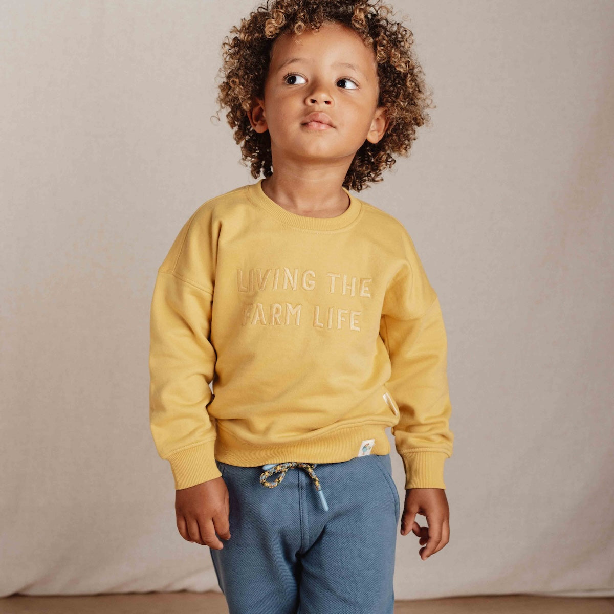 Deze sweater van Little Dutch in de kleur mustard yellow (geel) heeft vrolijke, geborduurde letters met de tekst "Living The Farm Life" op de voorzijde. Heerlijk zacht door het zachte biologisch katoen en daardoor is het sweatshirt heel comfortabel. VanZus