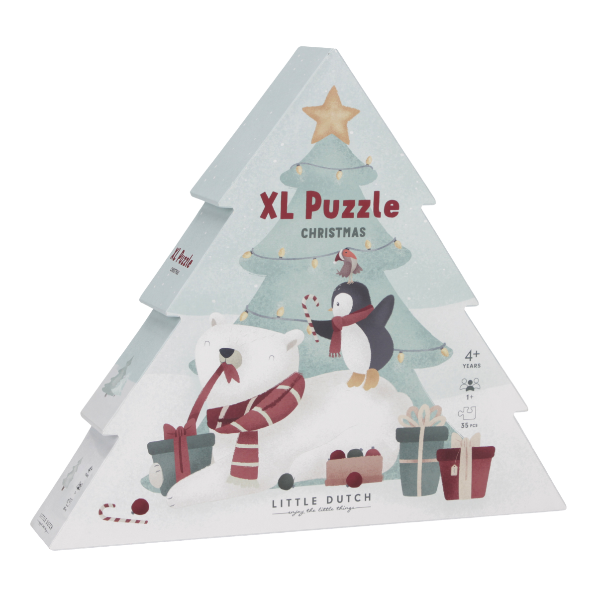 Samen puzzelen tijdens de feestdagen met deze grote kerstpuzzel XL van Little Dutch. De puzzel komt in een doos in de vorm van een kerstboom en heeft een schattige print met een ijsbeer, pinguïn en cadeautjes. VanZus