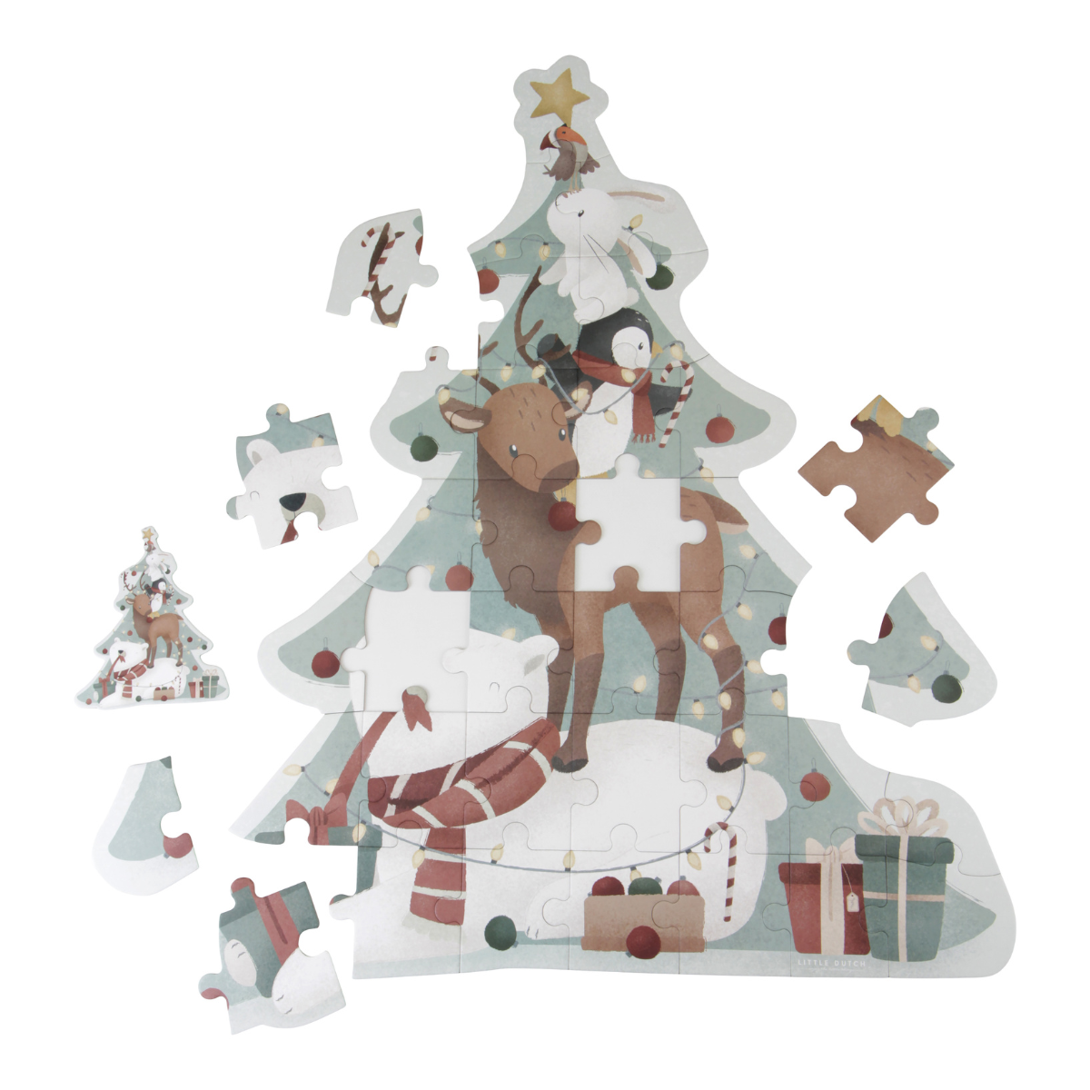 Samen puzzelen tijdens de feestdagen met deze grote kerstpuzzel XL van Little Dutch. De puzzel komt in een doos in de vorm van een kerstboom en heeft een schattige print met een ijsbeer, pinguïn en cadeautjes. VanZus