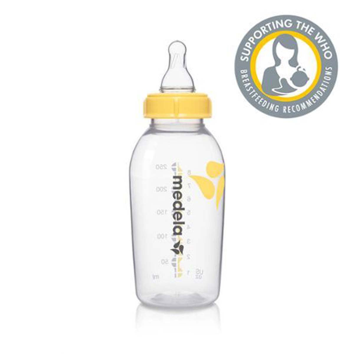 Dit is de de Medela fles 250 ml met flesspeen M. Medela staat bekend haar assortiment voor moeder en kind. Inhoud van de fles: 250 ml, met medium flow flesspeen. Geschikt voor: vaatwasser, vriezer, magnetron. BPA-vrij. VanZus