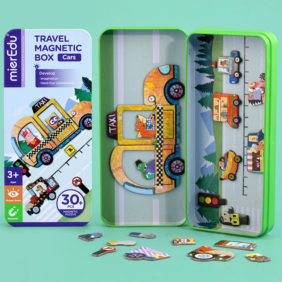 Het perfecte speelgoed voor onderweg: de magnetische puzzeldoos voertuigen van MierEdu. 30-delig, magnetische puzzelstukjes in handige meeneem doos. Vanaf 3 jaar. In diverse varianten. VanZus
