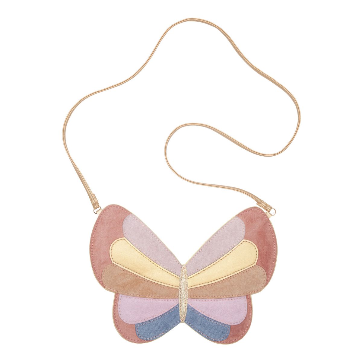 Perfect voor het meenemen van kleine spulletjes: het kleurrijke butterfly tasje van Mimi & Lula. In de vorm van een vlinder, met glinsterende details,  ritssluiting en schouderketting. Geschikt vanaf 3 jaar. VanZus