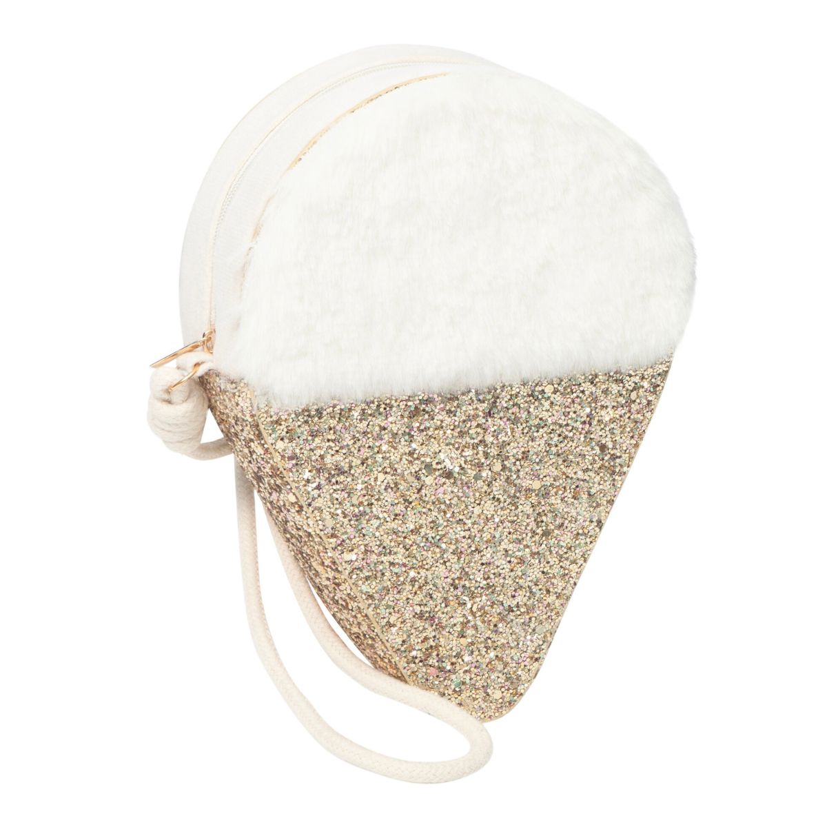 Perfect voor het meenemen van kleine spulletjes: het zoete ice cream tasje van Mimi & Lula. In de vorm van een ijsje met fluffy stof, glitter details en schouderketting. Geschikt vanaf 3 jaar. VanZus