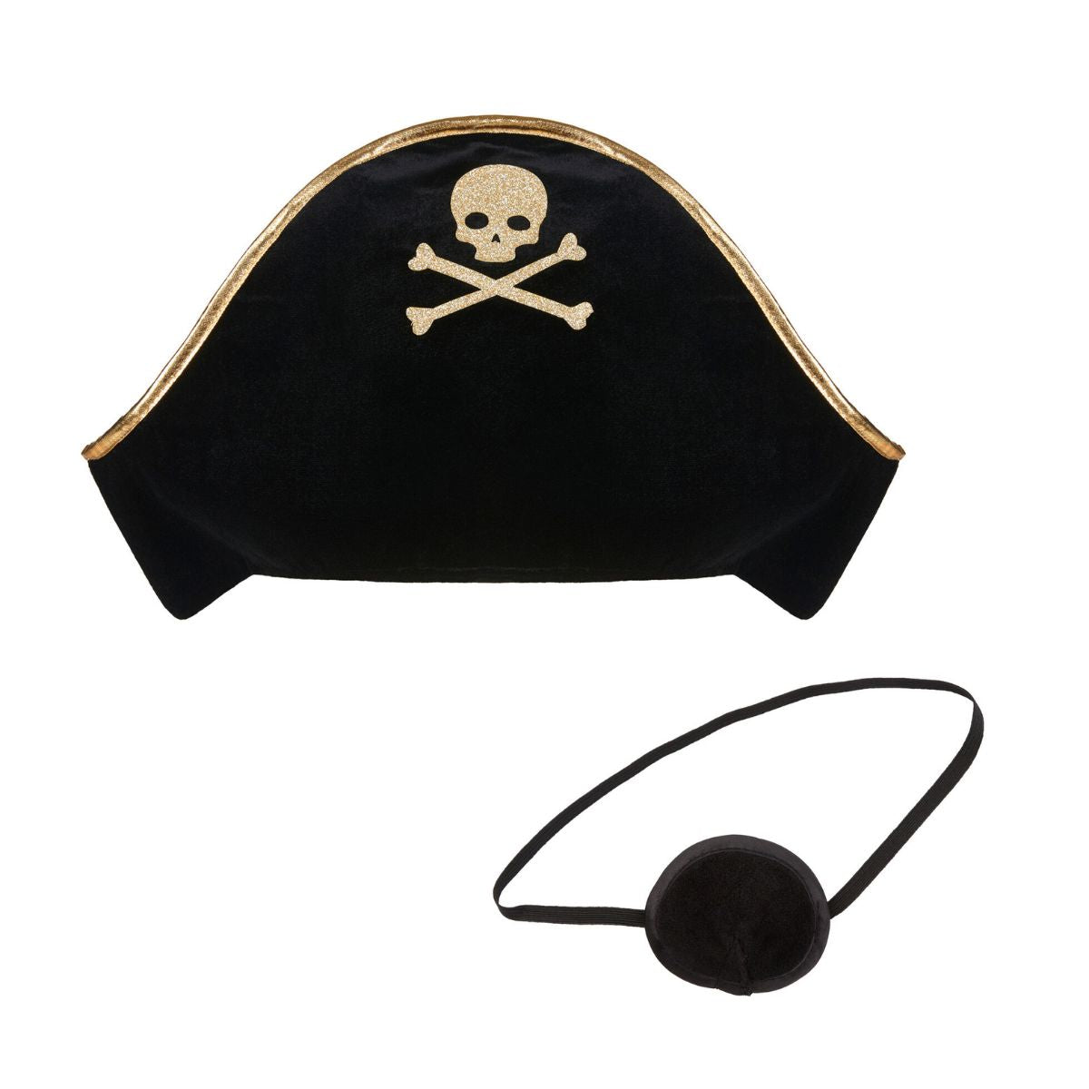 Maak elk verkleedfeestje compleet met de piraten verkleedset van Mimi & Lula! Deze stoere set bevat een zwarte piratenhoed met een goudkleurige glitter schedel en een bijpassend ooglapje met elastieken band. VanZus