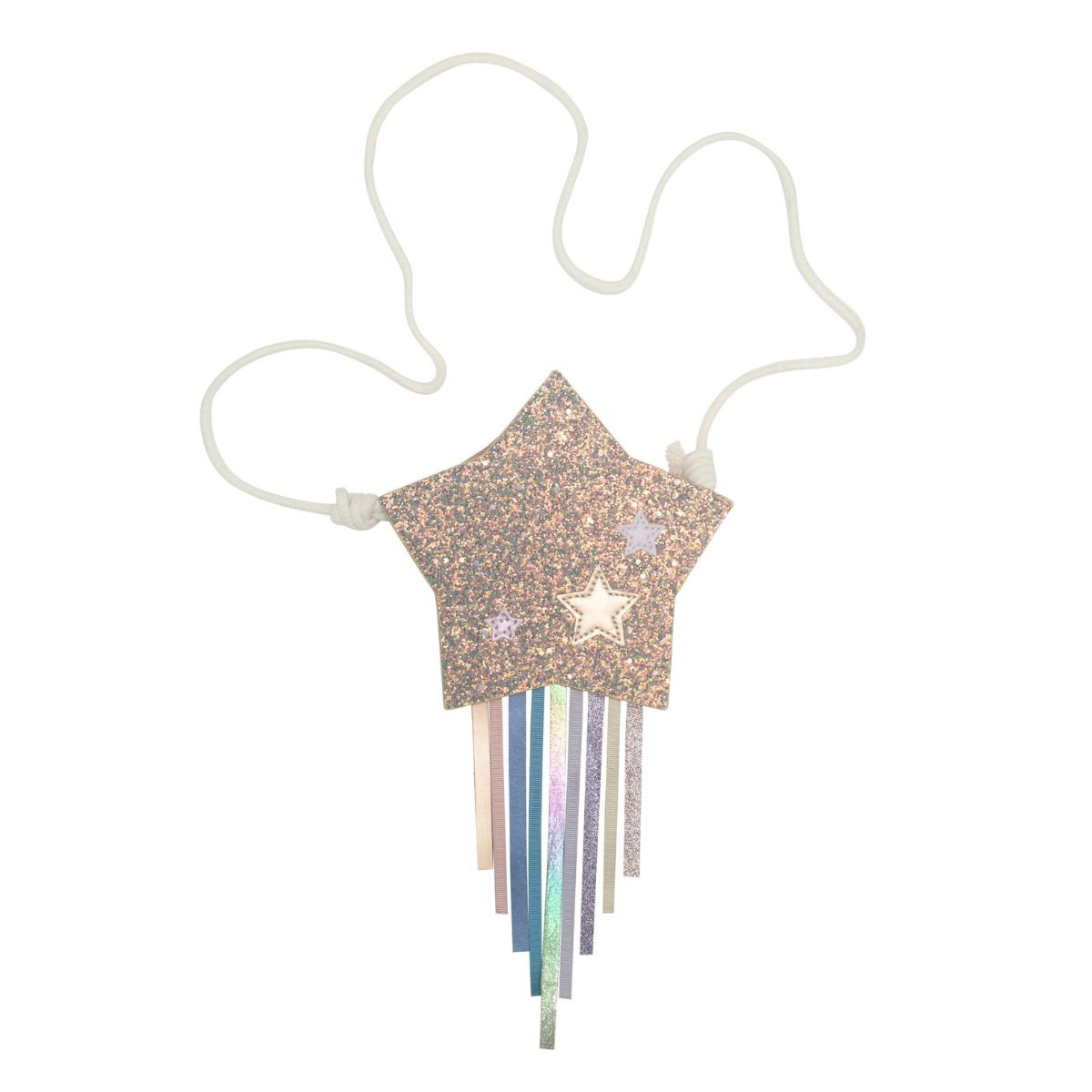 Perfect voor het meenemen van kleine spulletjes: het star shower tasje van Mimi & Lula. In de vorm van een ster, met metallic en glitter stof, een ritssluiting en schouderketting. VanZus