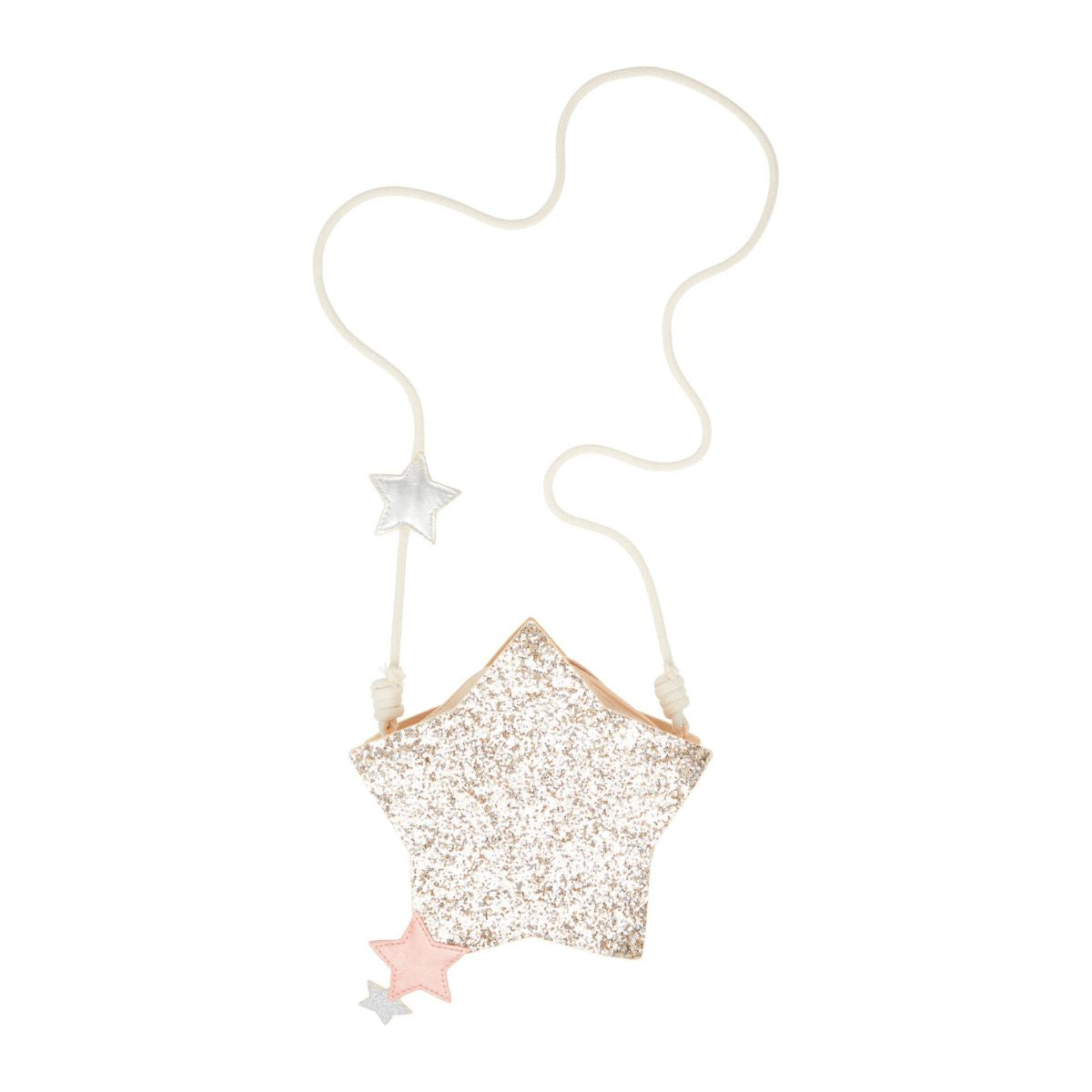 Perfect voor het meenemen van kleine spulletjes: het super sparkle star tasje van Mimi & Lula. In de vorm van een ster, met metallic en glitter stof, een ritssluiting en schouderketting. VanZus