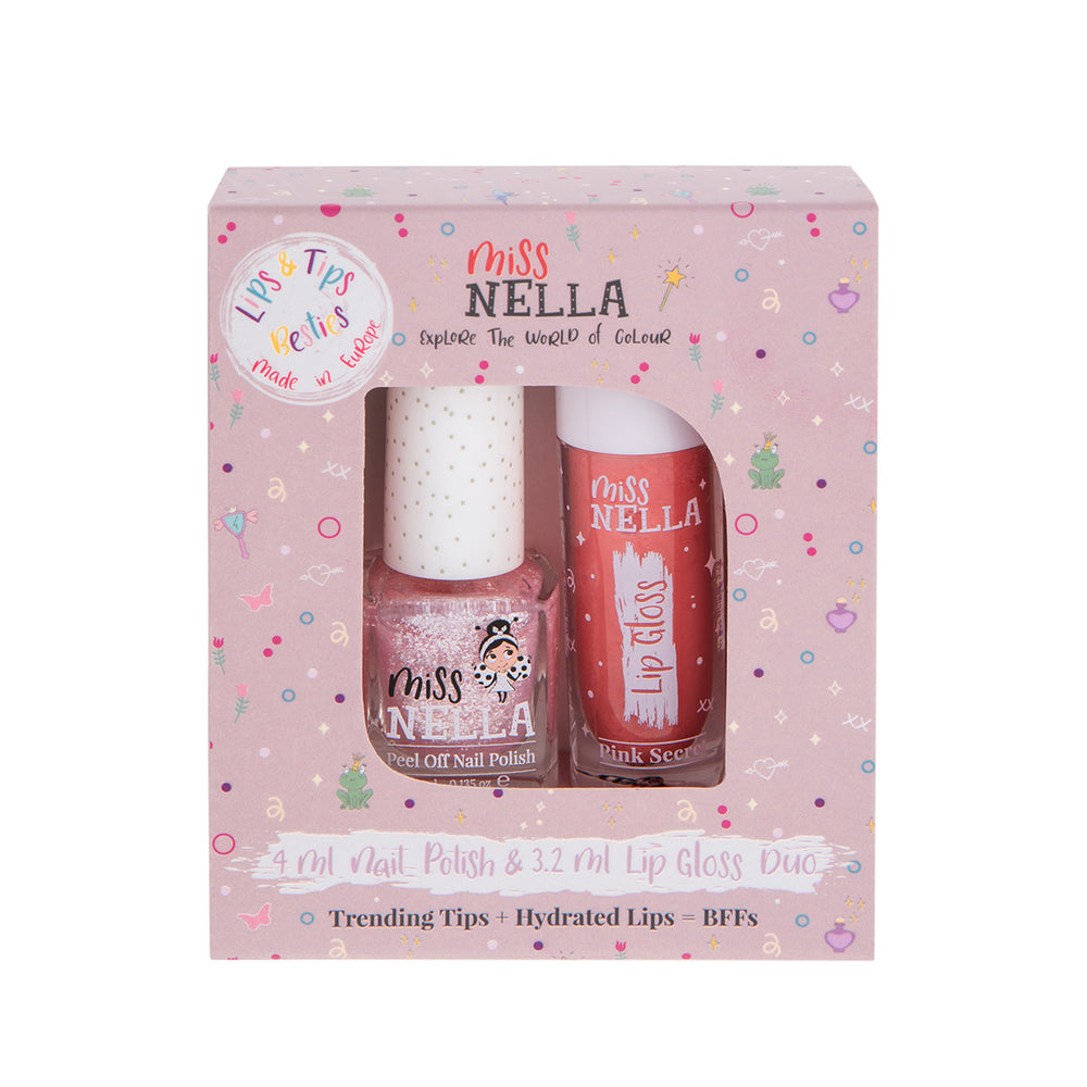 Miss Nella duo pack itsy glitsy hippo nagellak en lipgloss pink secret is een echte musthave voor jonge fashionista's. Peel off en vrij van chemicaliën. Laat jouw kindje stralen met kleurrijke nagels en mooie lippen. VanZus
