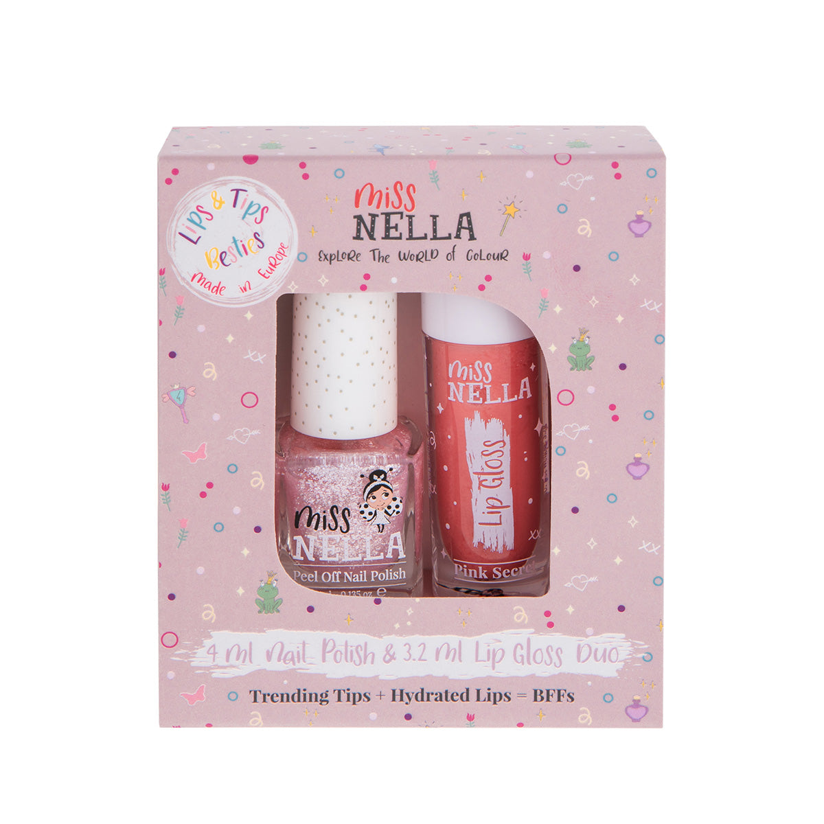 Miss Nella duo pack itsy glitsy hippo nagellak en lipgloss pink secret is een echte musthave voor jonge fashionista's. Peel off en vrij van chemicaliën. Laat jouw kindje stralen met kleurrijke nagels en mooie lippen. VanZus